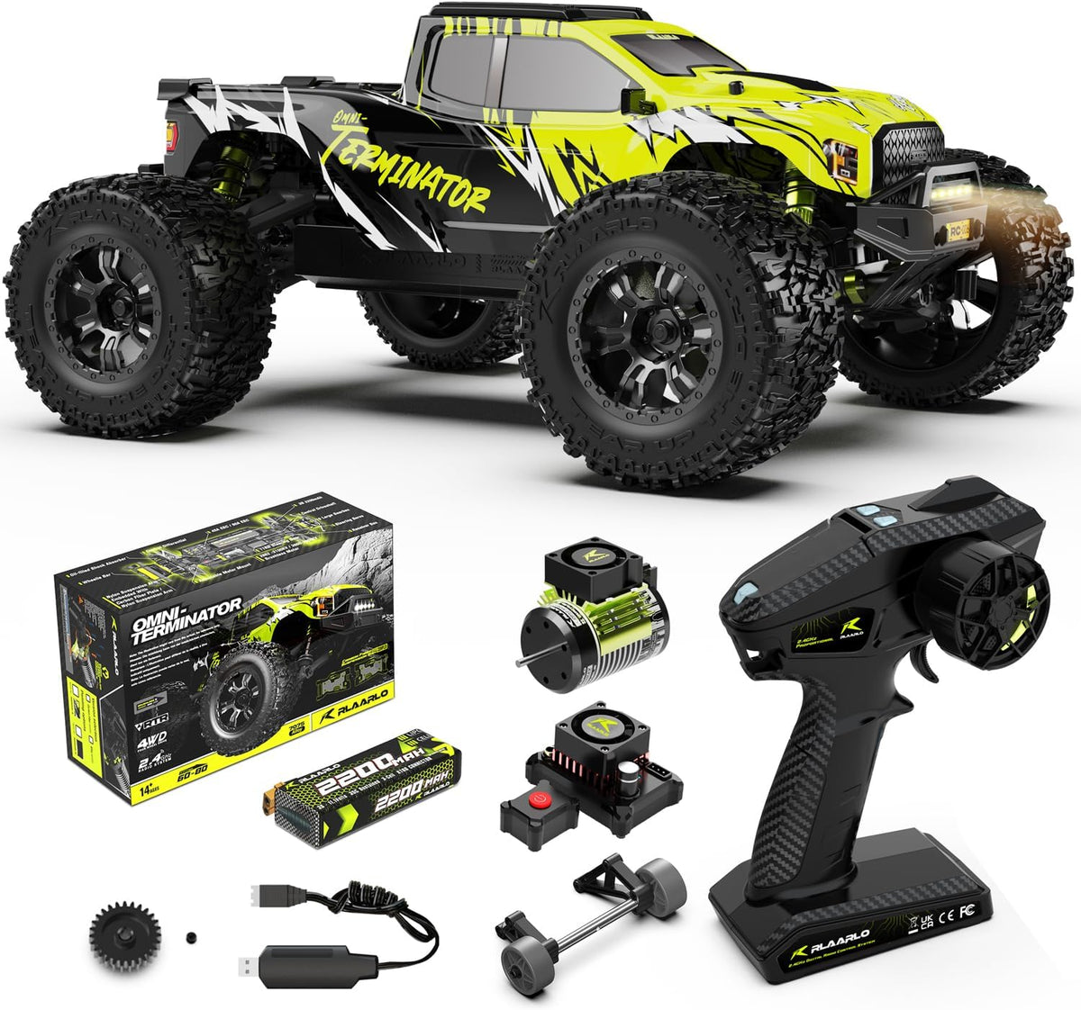 1/10 Professionelles bürstenloses Hochgeschwindigkeits-Ferngesteuertes Auto 4WD Allradantrieb Bigfoot Geländewagen mit Carbonfaserrahmen, 60A ESC mit intelligentem Gyroskop, Rennmodellspielzeug, Geschenk für Jungen, RC Monstertruck