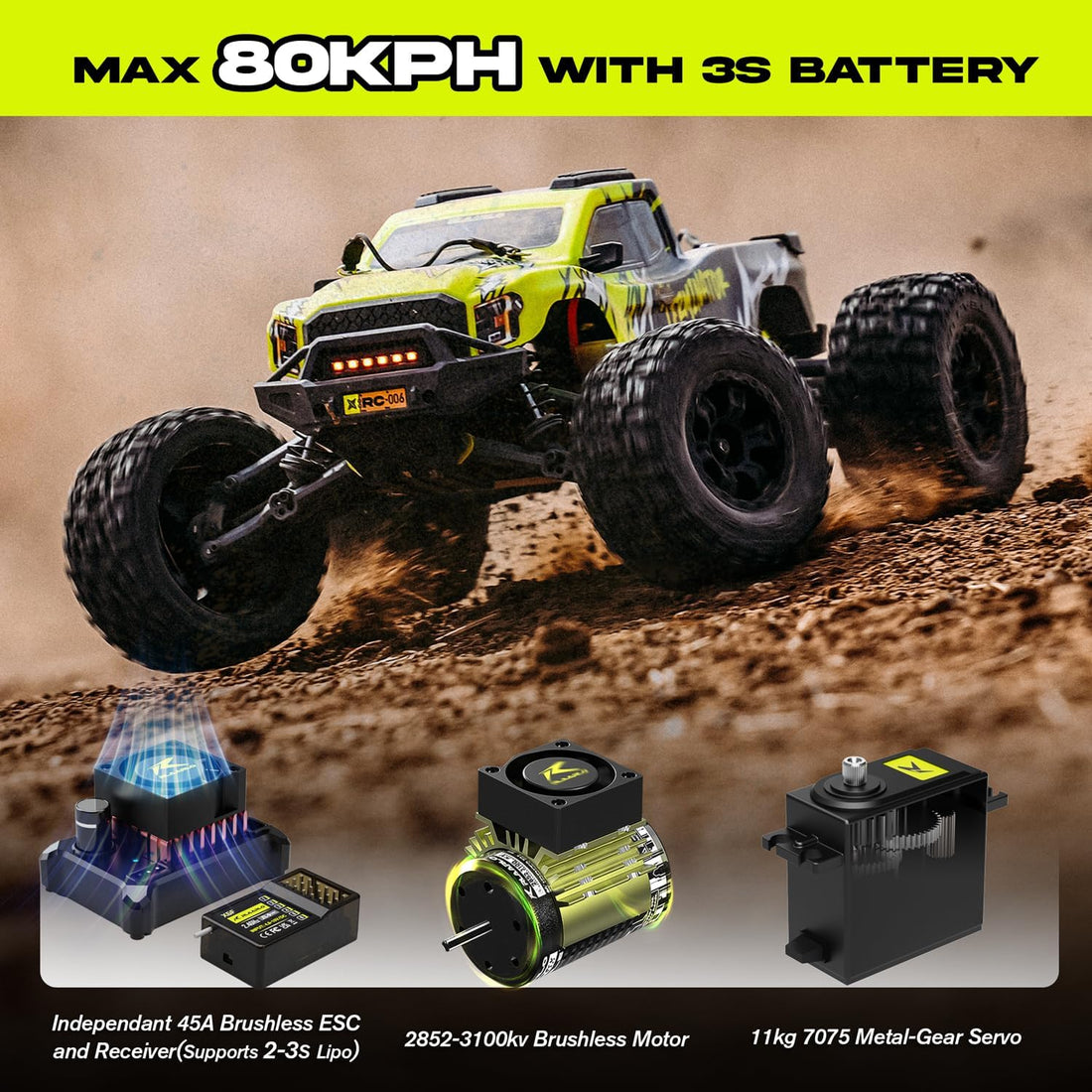 1/10 Professionelles bürstenloses Hochgeschwindigkeits-Ferngesteuertes Auto 4WD Allradantrieb Bigfoot Geländewagen mit Carbonfaserrahmen, 60A ESC mit intelligentem Gyroskop, Rennmodellspielzeug, Geschenk für Jungen, RC Monstertruck